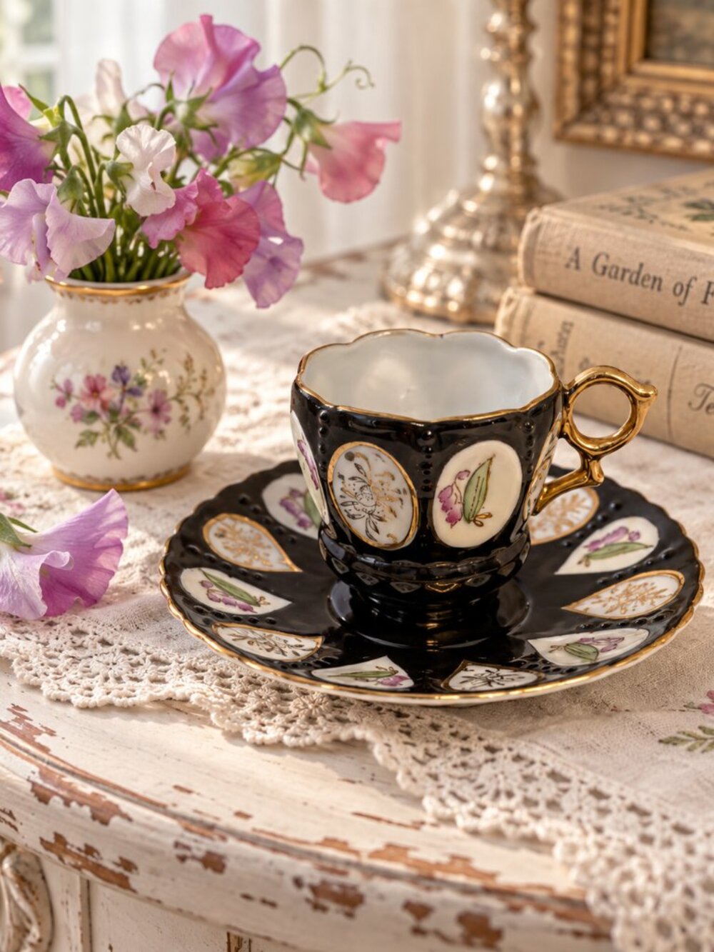 Vintage Ohashi Occupied Japan Black Panel Demitasse Cup & Saucer Floral Gold